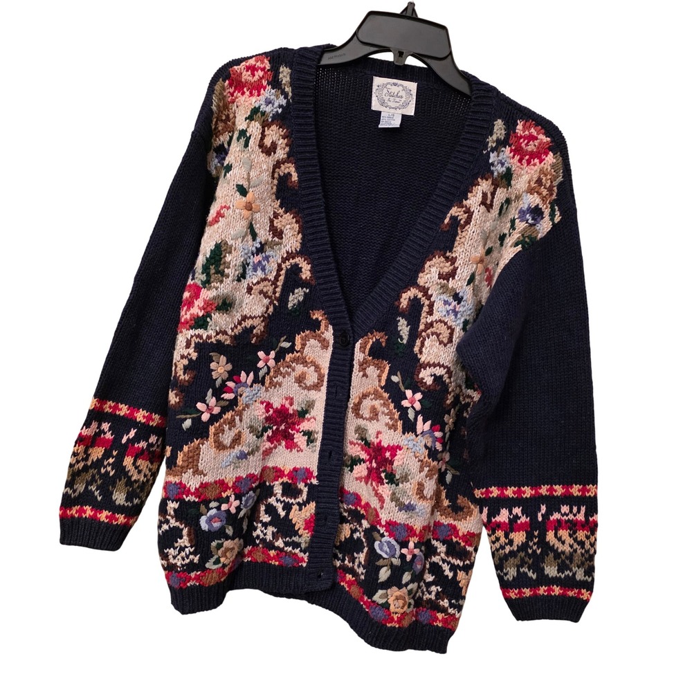 Stitches In Time Vintage Floral Paisley Knit Cardigan Navy Blue Granny Large